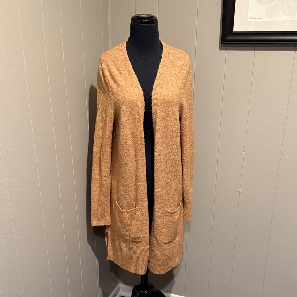 Marled Long Warm Tan Open-Front Cardigan with Pockets